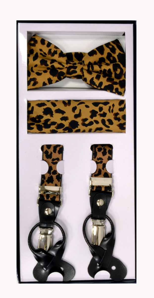 3 Piece Patterned Suspender Sets - Leopard Brown