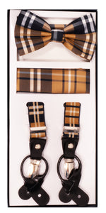 3 Piece Patterned Suspender Sets - Plaid Brown