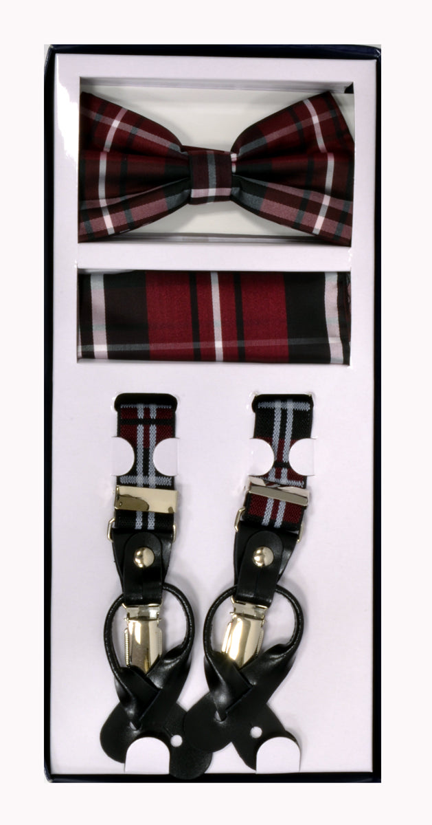 3 Piece Patterned Suspender Sets - Plaid Burgundy