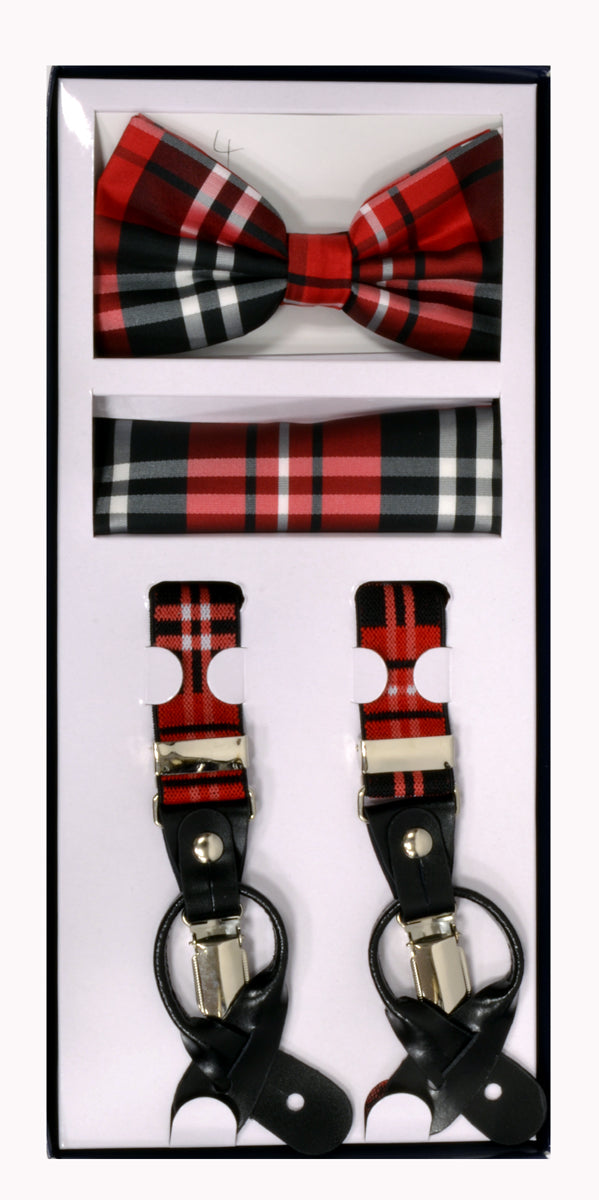 3 Piece Patterned Suspender Sets - Plaid Red