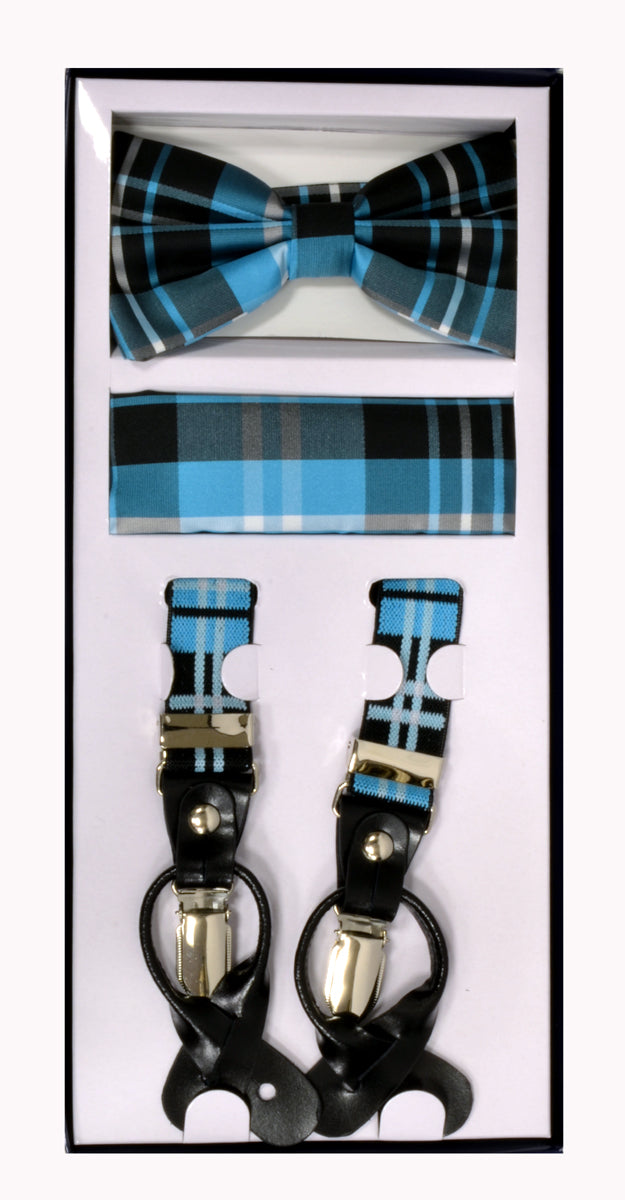 3 Piece Patterned Suspender Sets - Plaid Turquoise